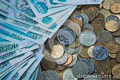 Russian rouble bills composition, different banknotes and coins Stock Photo