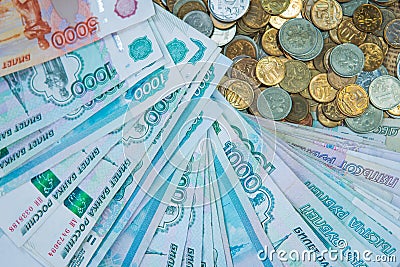 Russian rouble bills composition, different banknotes and coins Stock Photo