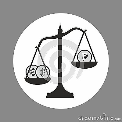 Russian ruble, euro and US dollar on scales. The overweight of the euro and the dollar against the ruble. Currency rates on the wo Vector Illustration