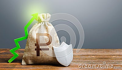 Russian ruble money bag with a shield and a green arrow up. Safety security of investments, financial system stability. Increasing Stock Photo