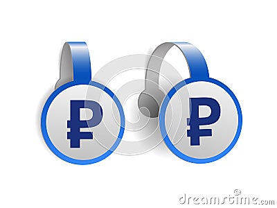Russian ruble symbol on Blue advertising wobblers. Vector Illustration