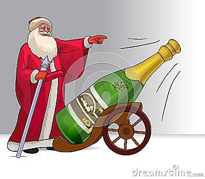 Russian Santa Claus Ded Moroz and champagne bottle Vector Illustration