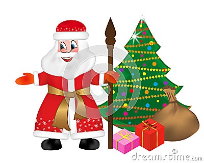 Russian Santa Claus or Father Frost also known as Ded Moroz with staff and keeps a bag full of gifts to Christmas tree. Happy New Vector Illustration