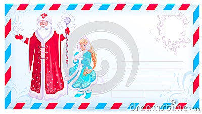 Russian santa claus and snow maiden design christmas card template envelope for letter Vector Illustration