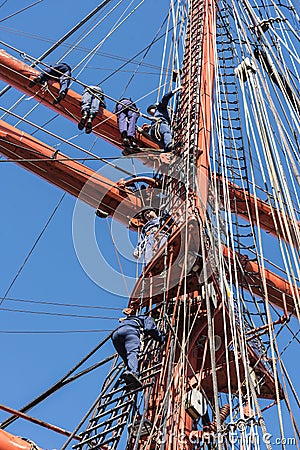 Russian seamen working aloft Editorial Stock Photo