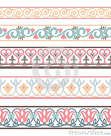 Russian seamless borders. Slavic ornament horizontal seamless border set, russians nationsl stencils, floral oriental Vector Illustration