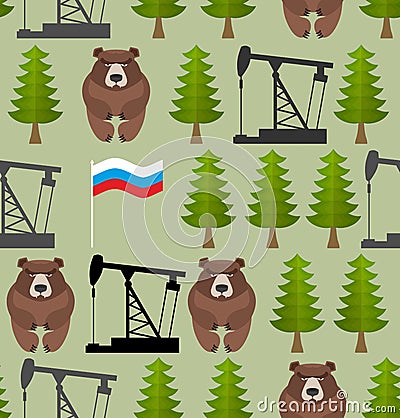 Russian seamless pattern. Bears and forest. Oil rig and a Russia Vector Illustration