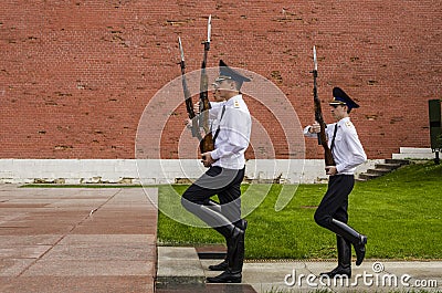 Russian soldier honor guard at the Kremlin wall. Tomb of the Unknown Soldier in Alexander Garden in Moscow. Editorial Stock Photo