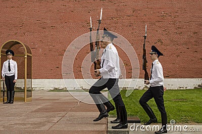 Russian soldier honor guard at the Kremlin wall. Tomb of the Unknown Soldier in Alexander Garden in Moscow. Editorial Stock Photo