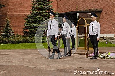 Russian soldier honor guard at the Kremlin wall. Tomb of the Unknown Soldier in Alexander Garden in Moscow. Editorial Stock Photo