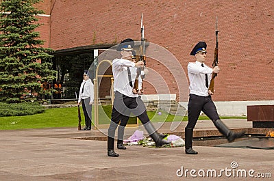 Russian soldier honor guard at the Kremlin wall. Tomb of the Unknown Soldier in Alexander Garden in Moscow. Editorial Stock Photo