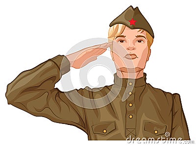 Russian soldier man in retro military uniform salutes with his hand Vector Illustration