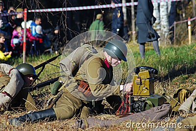 Russian soldier-reenactor on the battle field Editorial Stock Photo