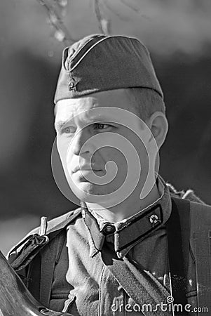 Russian soldier-reenactor. Black and white portrait. Editorial Stock Photo