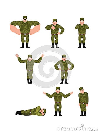 Russian Soldier set poses and motion. Warrior happy and yoga. sl Vector Illustration