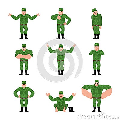 Russian Soldier set poses. Warrior happy and yoga. sleeping and Vector Illustration