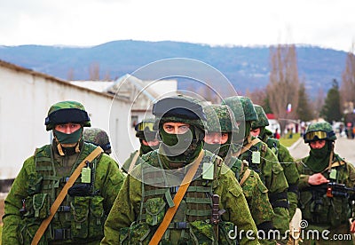 Russian soldiers on march in Perevalne, Crimea Editorial Stock Photo