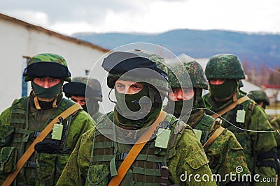 Russian soldiers on march in Perevalne, Crimea Editorial Stock Photo