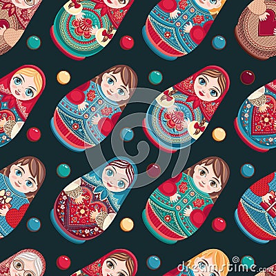 Russian souvenir. Matryoshka - babushka doll. Ethnic wooden toy. Seamless Vector Illustration