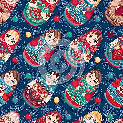 Russian souvenir. Matryoshka - babushka doll. Seamless pattern. Vector Vector Illustration