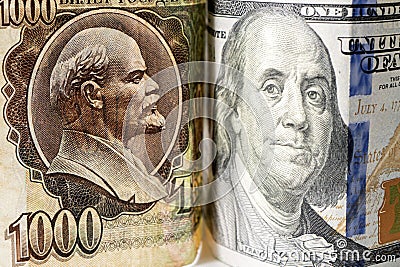 Russian Soviet ruble and 100 of American dollars. confrontation between the capitalist and socialist systems. The Cold War. Stock Photo