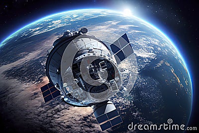 Russian spacecraft in Earth orbit. the view from the ISS. Deep space blue planets Stock Photo