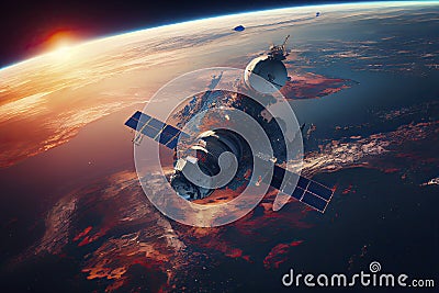 Russian spacecraft in Earth orbit. the view from the ISS. Deep space blue planets Stock Photo