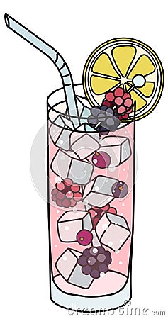 Russian Spring Punch classic IBA long cocktail in highball glass. Garnished with a raspberries, blackberry, black currant and lime Vector Illustration