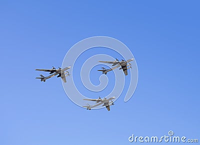 Russian strategic bombers Tu 95 in flight Stock Photo