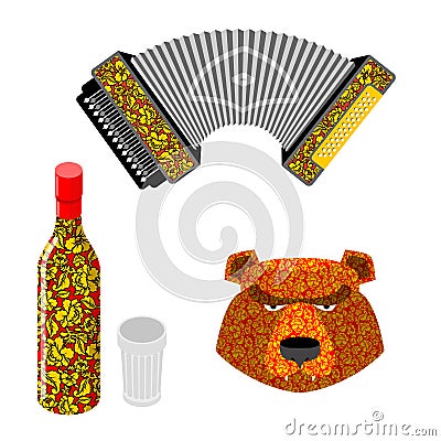 Russian symbol icon set. Bear, vodka and accordion. Vector Illustration