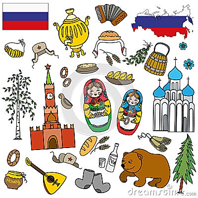 Russian symbols, travel Russia, Russian traditions. Vector Illustration