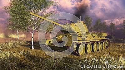 Russian tank T-34 on WWII battlefield Cartoon Illustration