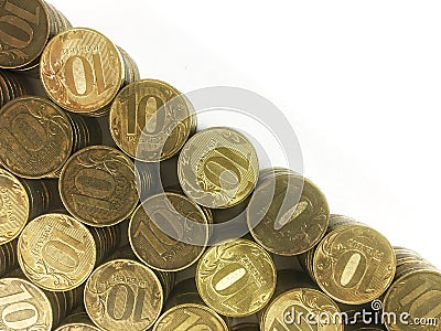 Russian ten ruble coins on white background. Stock Photo