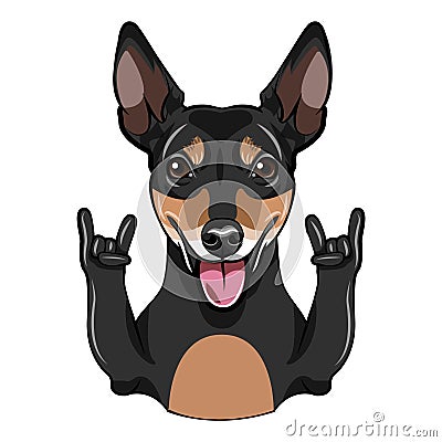 Russian Toy Terrier dog. Horns, Rock gesture. Dog portrait. Toy Terrier breed. Vector. Vector Illustration