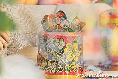 Russian traditional hohloma spoons on the table, still life, soft focus Stock Photo