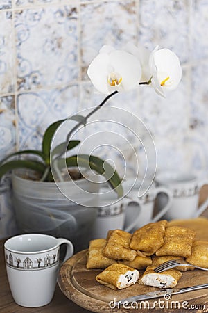 Russian traditional pancakes or blini with cottage cheese Stock Photo
