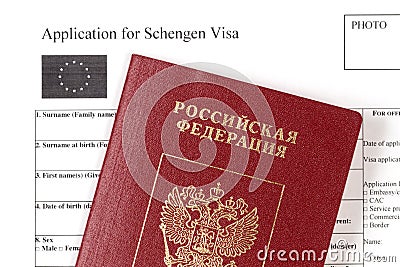 Russian passport and application for a Schengen visa Stock Photo