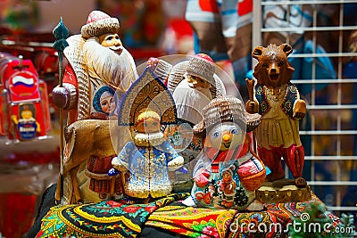 Russian trtadition dolls, ded-moroz and snegurochka. snowman, bear Editorial Stock Photo