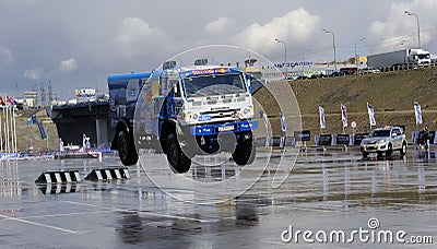 Russian truck rally Kamaz in jump Editorial Stock Photo