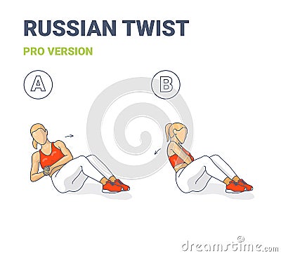 Russian Twists Female Home Workout Exercise Guide Illustration in Two Steps. Vector Illustration