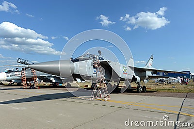 Russian two-seat supersonic high-altitude all-weather interceptor aircraft MiG-31BM Foxhound at the MAKS-2021 air show Editorial Stock Photo