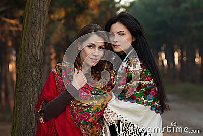 Russian village girls in headscarves in the forest Stock Photo