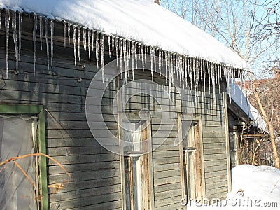 Russian village. Wooden houses. Cartoon Illustration