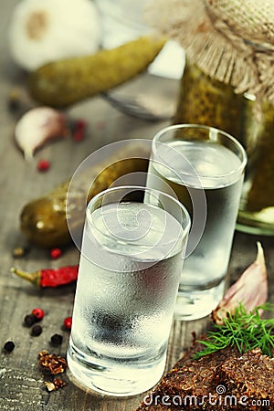 Russian vodka with traditional black bread Stock Photo