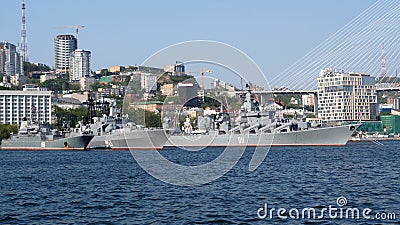 Russian warships in the Golden Horn Bay. Vladivostok, Russia. Editorial Stock Photo