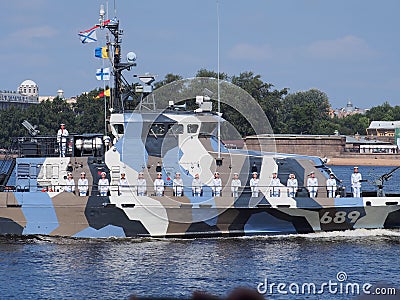 Russian warships in the parade in honor of the day of the Navy. Russia, St. Petersburg, July 29, 2018 Editorial Stock Photo