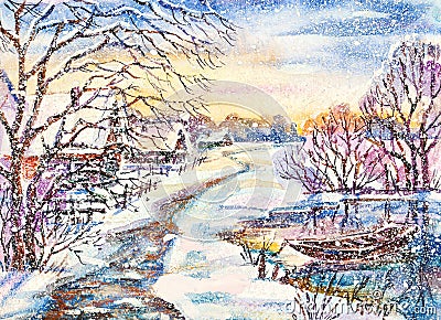 Russian winter village landscape with frozen pond Stock Photo