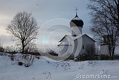 Russian winter. Vybuty Pogost near Pskov, Russia. Stock Photo