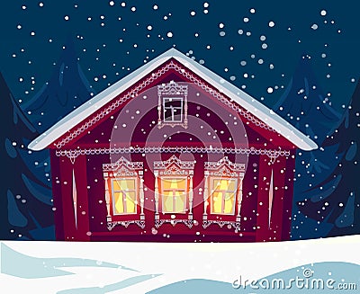 Russian wooden village house in winter, snowfall Vector Illustration