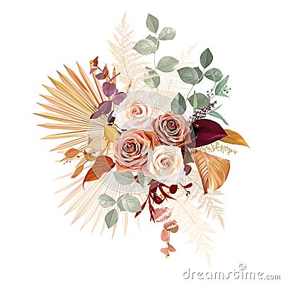 Rust orange, beige, white rose, burgundy anthurium flower, eucalyptus, pampas grass Vector Illustration